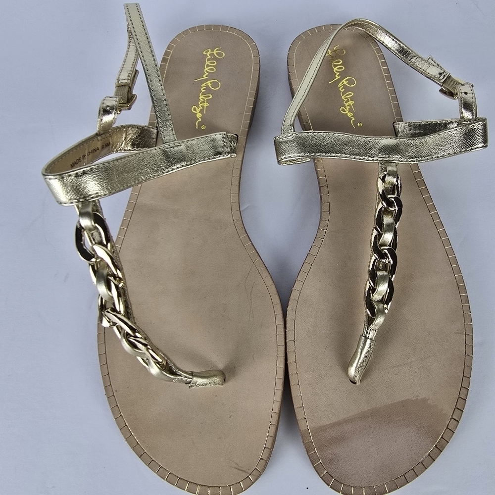 NWOT Lilly Pulitzer Women's Gold Metallic Chain T-Strap Sandals Size 9.5 Dressy